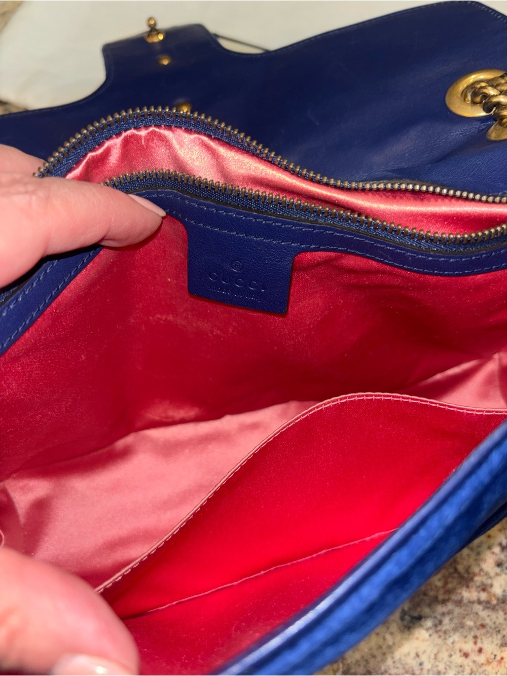 Gucci Navy Velvet GG LARGE Marmont Shoulder Bag with Gold Hardware - Picture 10 of 13
